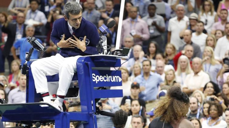 Schiedsrichter Carlos Ramos im Disput mit Serena Williams während des US Open-Endspiels der Damen in New York. Foto: imago/UPI Photo