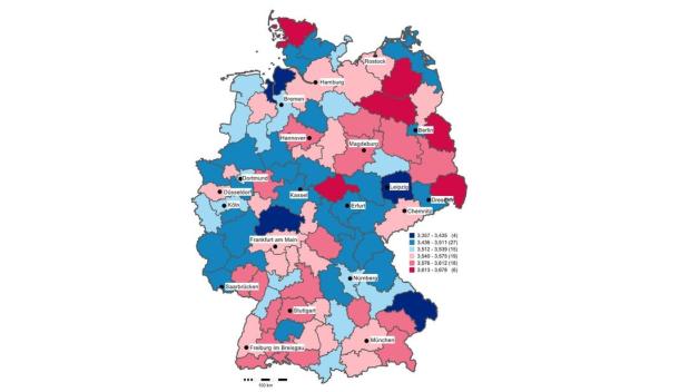 Die Bewohner der Mecklenburger Seenplatte sind laut Studie gewissenhafter als beispielsweise die Menschen in Region rund um Stuttgart. Grafik: Friedrich-Schiller-Universität Jena