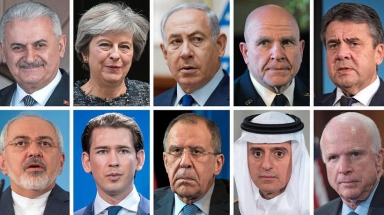 Wichtigste Teilnehmer: Binali Yildirim (Ministerpräsident, Türkei, oben, von links), Theresa May (Premier, Großbritannien), Benjamin Netanjahu (Premier, Israel), Herbert Raymond McMaster (Sicherheitsberater des US-Präsidenten), Sigmar Gabriel (Bundesaußenminister), Mohammed Dschawad Sarif (Außenminister, Iran, unten, von links), Sebastian Kurz (Kanzler, Österreich), Sergej Lawrow (Außenminister, Russland), Adel al-Dschubair (Außenminister, Saudi-Arabien) und John McCain (US-Senator). Fotos: dpa