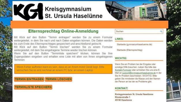 So sieht die Startseite der Online-Anmeldung für den Elternsprechetag am Kreisgymnasium St. Ursula Haselünne aus. 