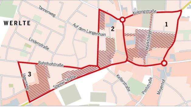 Das mögliche Sanierungsgebiet Werltes teilt sich in drei Bereiche auf. Quelle: Stadt Werlte • Grafik: NOZ/Heiner Wittwer