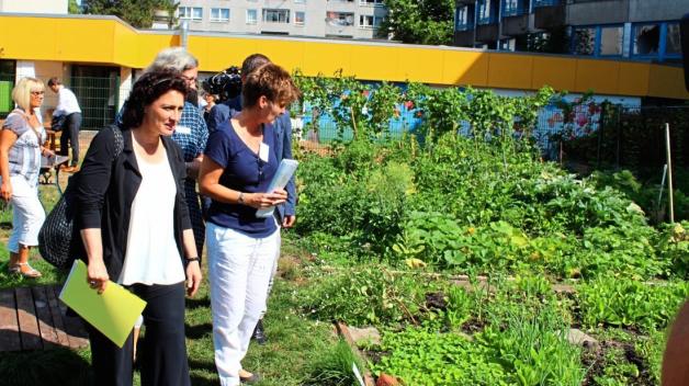 Stippvisite im Gemeinschaftsgarten: Das Nachbarschaftszentrum Wollepark hat mit Bewohner des Stadtteils diesen Garten angelegt. Er ist Ort des Austauschs. Sozialministerin Carola Reimann (SPD, vorne) macht sich ein Bild. 
