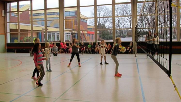 Volle Konzentration beim Abschlussspiel: Jungen und Mädchen der Katholischen Grundschule in Hude hatten viel Spaß am Aktionstag Volleyball. 