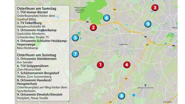 Hier lodern die Osterfeuer 2018 in der Gemeinde Ganderkesee. Kartendaten: GeoBasis-DE/BKG, Google / Grafik: Jan Eric Fiedler