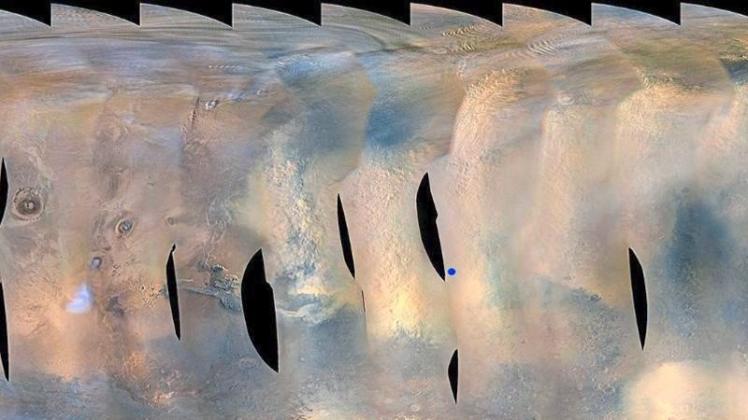Dieses von der NASA zur Verfügung gestellte Bild zeigt einen Sandsturm auf dem Mars, aufgenommen vom Mars Reconnaissance Orbiter. 