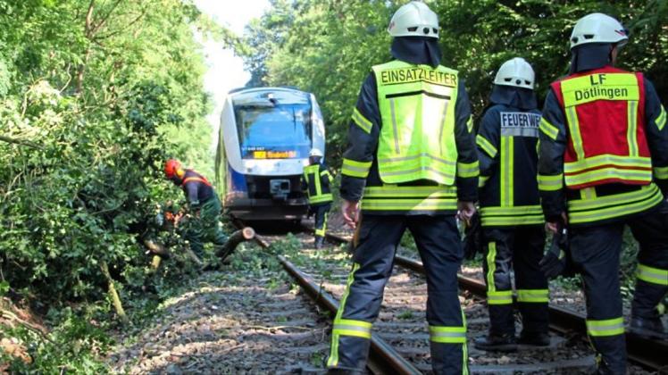 Die freiwilligen Feuerwehren Dötlingen und Wildeshausen haben auf der Strecke der Nordwestbahn von Bremen nach Osnabrück einen herabgestürzten Ast beseitigt. 