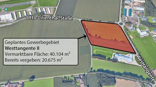 Im Ganderkeseer Gewerbegebiet Westtangente II in Flugplatznähe sind noch sechs Flächen frei. Kartendaten: GeoBasis-DE/BKG, Google, Grafik: Jan Eric Fiedler