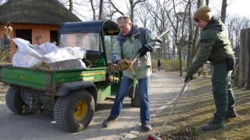 Bei der Frühjahrsputz-Aktion im Schweriner Zoo hilft Wolfgang Kirschnek der Zoo-Gärtnerin Caro Theiß dabei, die Wege von Blättern zu befreien.
