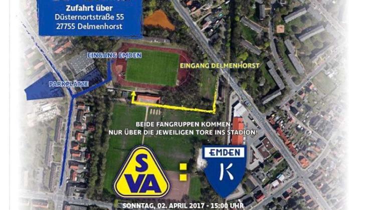 Beim Landesliga-Topspiel zwischen Kickers Emden und dem SV Atlas Delmenhorst wird es für beide Fanlager eigene Eingänge geben. Grafik: SV Atlas