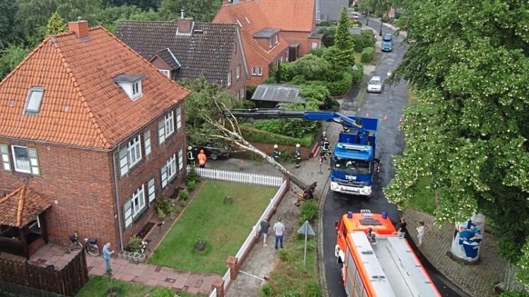 Eine Birke fiel in der Bokeloher Straße in Meppen auf ein Auto und ein Haus.  
