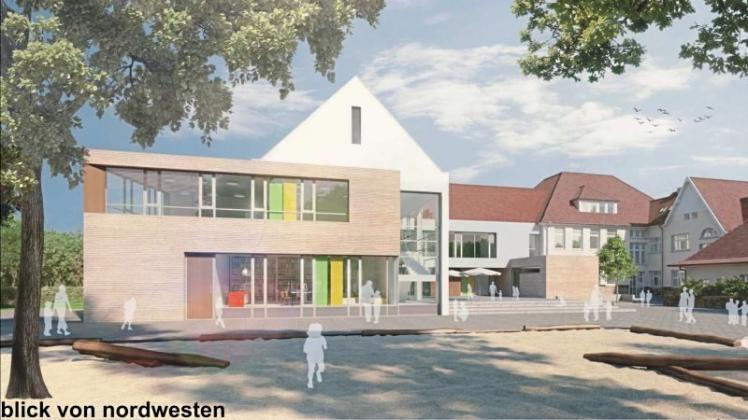 Bis zum Frühjahr 2019 soll der Mensaanbau an der Gehrder Grundschule fertig sein. Entwurf: Reinders Architekten