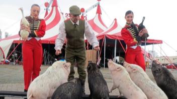 Stars in der Manege: Tierlehrer Jochen Träger und zwei Mitglieder des Zirkus-Balletts zeigen sich mit Laufenten und Minischweinen. 
