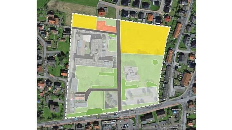Die aktuelle Nutzung des Klinikum-Geländes mit Grünflächen (grün), einem Spielplatz (rot und Ackerland (gelb). Grafik: Sascha Nabrotzky