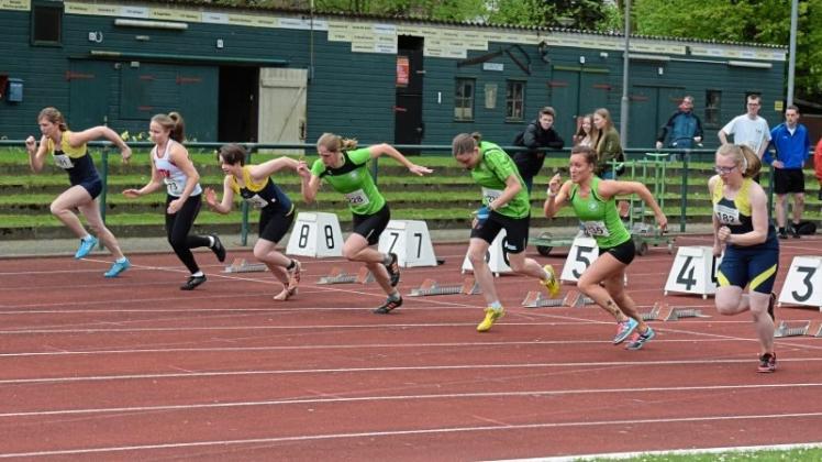 Im 100-Meter-Lauf starteten (von links) Diana Garde, Julia Ellert, Mieke Westermann, Maartje Hendrikse, Michelle Kipp, Katharina Voigt und Imke Garde. 