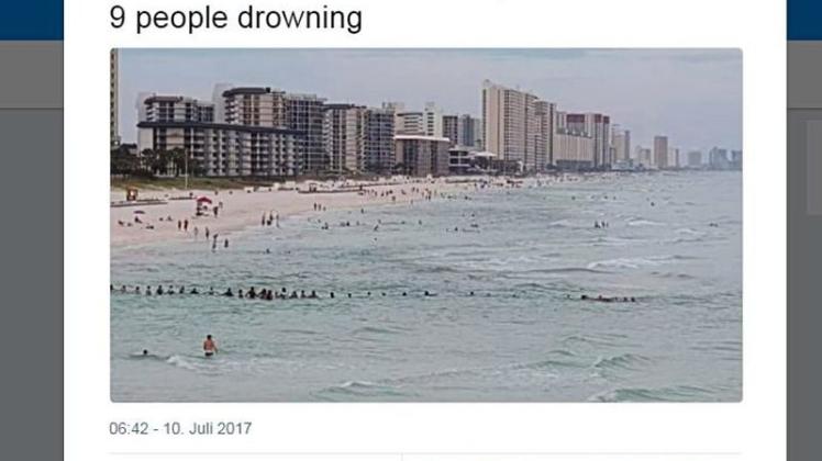 Zehn Personen sind im Golf von Mexiko von der starken Strömung mitgerissen worden. Spontan begaben sich dutzend weitere Menschen in Lebensgefahr, um sie zu retten. Screenshot: NOZ/ Twitter.com/sunbird605