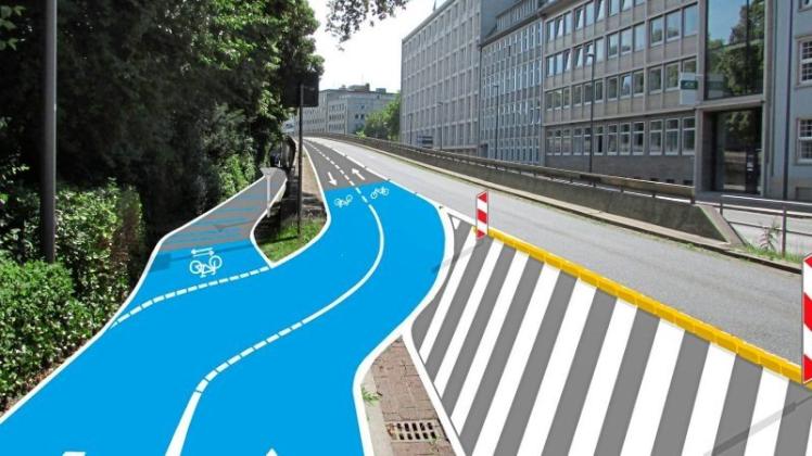 Modellskizze für die „Fahrrad-Premiumroute“ – hier an der Wall-Überführung (Höhe AOK-Kreuzung). Grafik: Verkehrsressort / Senator für Bau Umwelt und Verkehr
