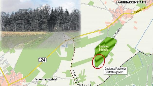 An der südlichen Spitze des Spahner Südholzes zwischen Sögel und Spahnharrenstätte soll der etwa fünf Hektar große Bestattungswald entstehen. Grafik: SG Sögel/Heiner Wittwer An der südlichen Spitze des Spahner Südholzes zwischen Sögel und Spahnharrenstätte soll der etwa fünf Hektar große Bestattungswald entstehen. Grafik: SG Sögel/Heiner Wittwer