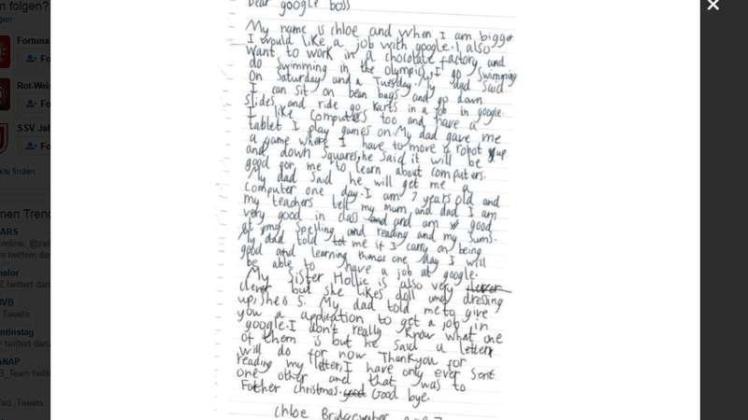 Diesen Brief verfasste das siebenjährige Mädchen. Screenshot: NOZ/Twitter.com/iTec