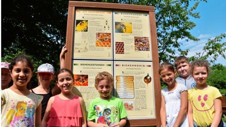 Kinder der Grundschule Am Grünen Kamp haben als erste den neuen Bienenlehrpfad des Bürgerparkvereins in Augenschein genommen. 