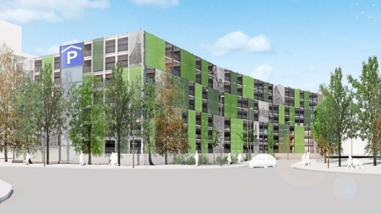 Der Vorschlag „Paneele mit Stadtbildern“ kam als Designvorschlag für das neue Parkhaus bei den Delmenhorster am besten an. Grafik: SchröderArchitekten Der Vorschlag „Paneele mit Stadtbildern“ kam als Designvorschlag für das neue Parkhaus bei den Delmenhorster am besten an. Grafik: SchröderArchitekten