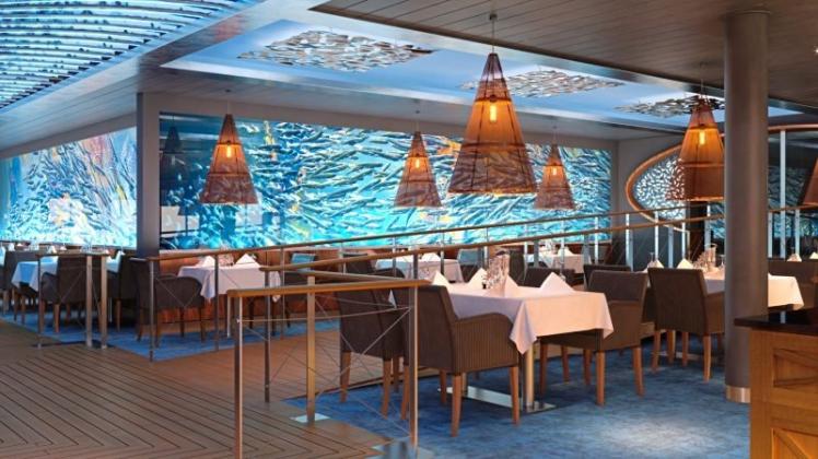 Mit Multimedia-Projektionen werden im Fischrestaurant „Ocean‘s“ Fischschwärme an den Gästen der der neuen „AIDAnova“ vorbeiziehen. Grafik: AIDA Cruises