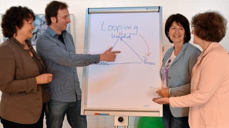 Drob-Leiterin Evelyn Popp und Henning Fietz erklären Astrid Grotelüschen und Annette Schwarz (beide CDU) die Idee hinter dem „Looping“-Projekt. 