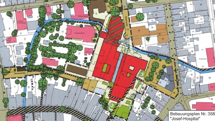 Ein erster Entwurf, wie sich Verkehrs- und Neubauflächen rund um das künftige Josef-Hospital (rot) verteilen könnten, sorgt in Delmenhorst für erhebliches Streitpotenzial. Grafik: Stadt Delmenhorst