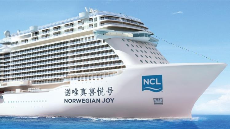 Mit chinesischen Schriftzeichen wird der Name „Norwegian Joy“ übersetzt. Grafik: Norwegian Cruise Line