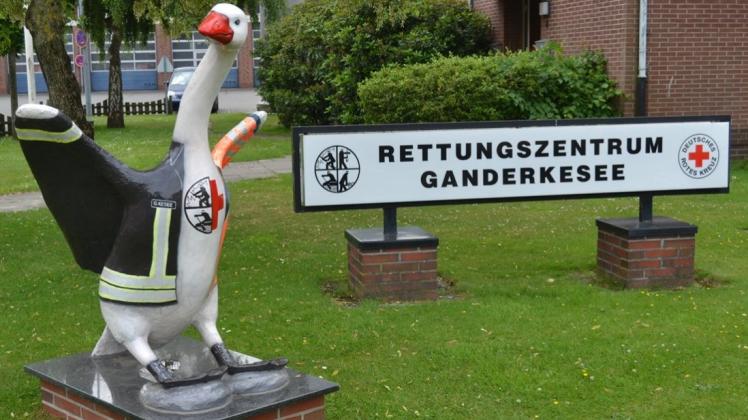 Halb Feuerwehr, halb DRK – und was kommt da noch? Der Ganter vor dem Rettungszentrum Ganderkesee benötigt wahrscheinlich zusätzliches Outfit. Die Gemeinde als Eigentümerin ist offen dafür, dass neben Feuerwehr und DRK-Ortsverein auch die Rettungswache bleibt, wenn es einen Betreiberwechsel gibt. 