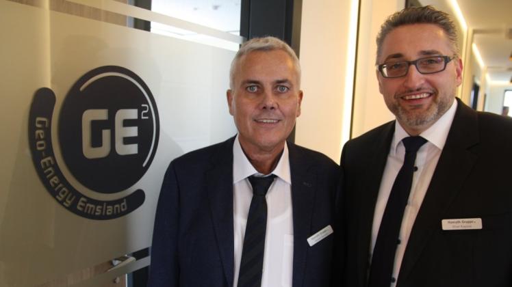 Das neue Unternehmen Geo-Energy Emsland startet: (von links) Herbert Hanrath und Oliver Kugland von der Hanrath-Unternehmensgruppe freuen sich auf die Umsetzung der Geothermie-Pläne. 