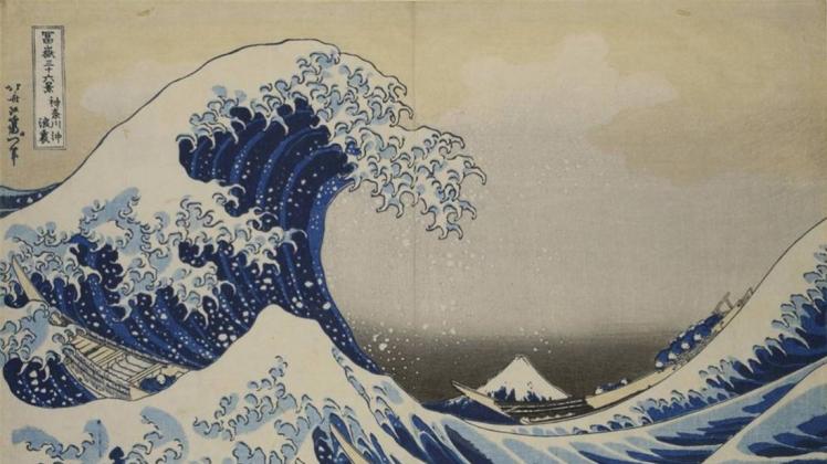 Katsushika Hokusai (1760-1849), Die große Welle von Kanagawa, 1831, Farbholzschnitt, 24 x 35 cm, Museum für Kunst und Gewerbe Hamburg. 