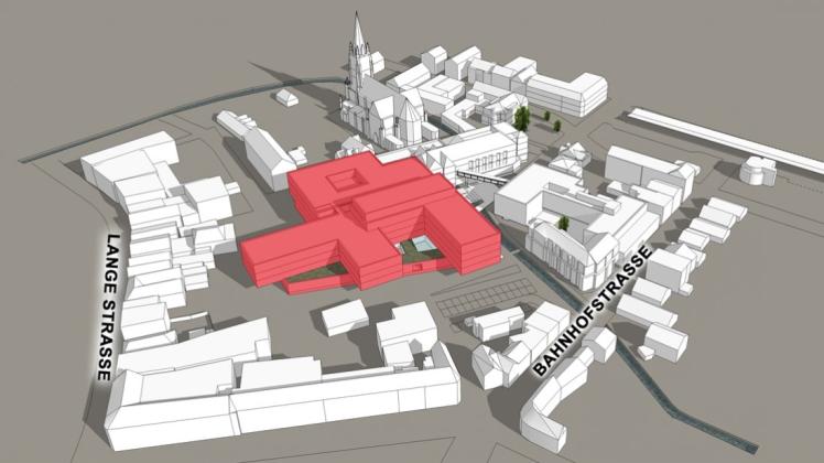 Der Neubau des Josef Hospitals (rot eingefärbt) ersetzt große Teile des bisherigen Krankenhauses und erstreckt sich über die Flächen des Parkplatzes am Knick und der ehemaligen Wäschefabrik in Richtung Lange Straße. Grafik: GSP Architekten