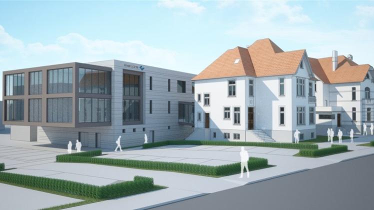 Das neu entstehende Entwicklungszentrum an der Oldendorfer Straße mit den beiden denkmalgeschützten Villen. Sie werden saniert und in die Nutzung mit einbezogen. Simulation: Spooren-Architekten (Gütersloh). Das neu entstehende Entwicklungszentrum an der Oldendorfer Straße mit den beiden denkmalgeschützten Villen. Sie werden saniert und in die Nutzung mit einbezogen. Simulation: Spooren-Architekten (Gütersloh).