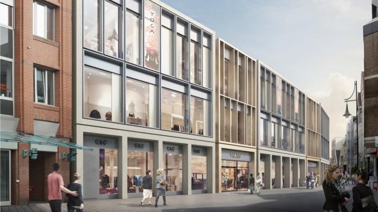 So soll es einmal aussehen, das neue Geschäftshaus im ehemaligen Hertie-Gebäude an der Langen Straße in Delmenhorst. Grafik: Angelis &amp; Partner