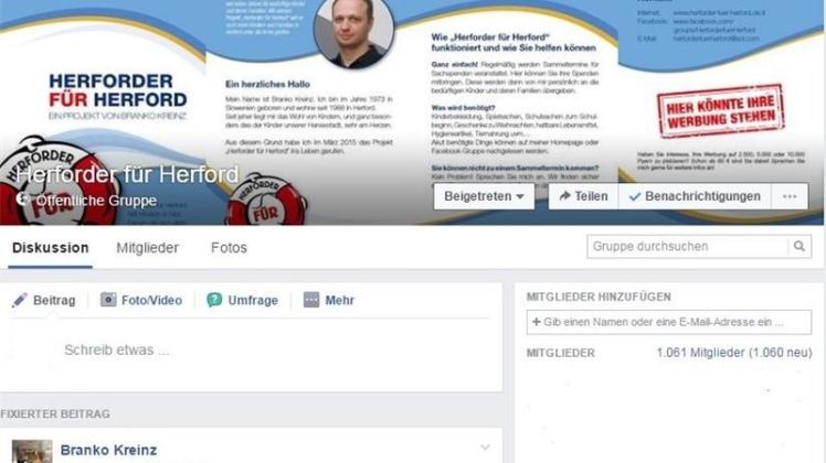 Die Facebook-Gruppe „Herforder für Herford“ von Branko Kreinz wurde ohne Begründung gelöscht. Er hat mittlerweile eine neue gegründet. Screenshot: Facebook/NOZ