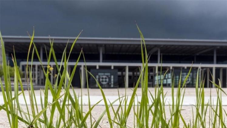 Lange nicht fertig: Gras wächst aus den Betonfugen vor dem Terminalgebäude des Hauptstadtflughafens Berlin Brandenburg Willy Brandt (BER) in Schönefeld. 