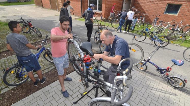 In der internationalen Fahrradwerkstatt des Flüchtlingsforums Hasbergen auf Hof Thies in Gaste wird fleißig geschraubt. 