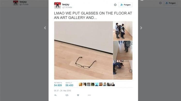 Die Brille als Kunstwerk: Der Kunst-Streich von TJ Khayatan machte umgehend im Netz die Runde. Screenshot: Twitter/NOZ