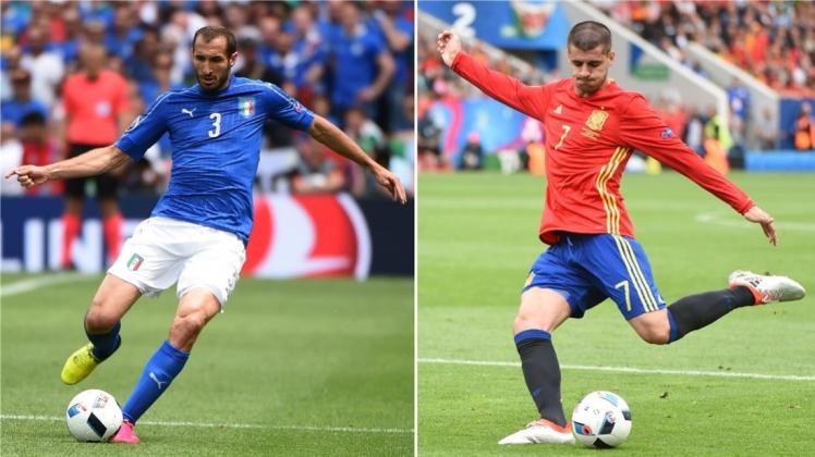 Auf diese beiden wird viel ankommen: Italiens Verteidiger Giorgio Chiellini (links) will Spaniens Offensive um Alvaro Morata (rechts) stoppen. Foto:AFP
