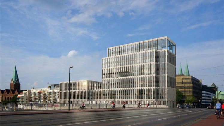 Entwurf des neuen Stammsitzes von Kühne und Nagel in Bremen von Jan Meding (Meding Plan Projekt GmbH, Hamburg), Blick von der Wilhelm-Kaisen-Brücke. Quelle: Kühne und Nagel Entwurf des neuen Stammsitzes von Kühne und Nagel in Bremen von Jan Meding (Meding Plan Projekt GmbH, Hamburg), Blick von der Wilhelm-Kaisen-Brücke. Quelle: Kühne und Nagel