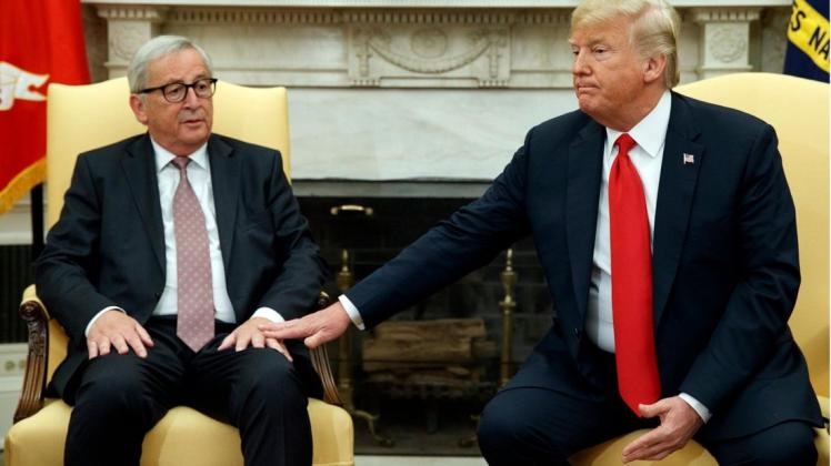 US-Präsident Donald Trump legt seine Hand auf die Hand von Jean-Claude Juncker, Präsident der Europäischen Kommission, bei einem Treffen im Oval Office des Weißen Hauses. Foto: Evan Vucci/AP/dpa