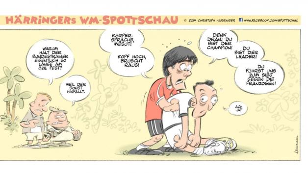 Özils Körpersprache als Dauerthema bei Länderspielen.  Zeichnung: Christoph Härringer