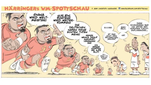 Kleiner als er von weitem aussieht: Scheinriese Kevin-Prince Boateng spuckte vor dem Duell Ghana gegen Deutschland große Töne. Zeichnung: Christoph Härringer