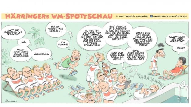 Welche Spielerfrau sich wohl in diesem Jahr in den Vordergrund drängen wird? Zeichnung: Christoph Härringer Welche Spielerfrau sich wohl in diesem Jahr in den Vordergrund drängen wird? Zeichnung: Christoph Härringer
