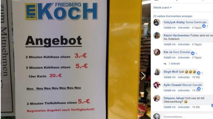 Zwei Minuten im Tiefkühlhaus sitzen kostet im Edeka im hessischen Friedberg Fünf Euro. Screenshot: Edeka Koch/Facebook