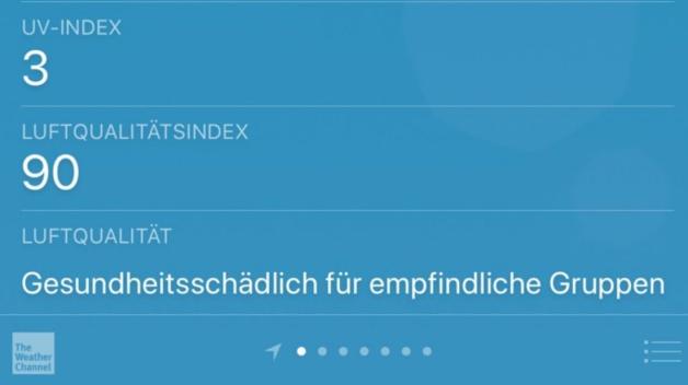 Am 18. September zeigt Apple Wetter-App für Hamburg gesundheitsschädliche Luft an - ohne weitere Details zu nennen. (Screenshot: Mark Otten)