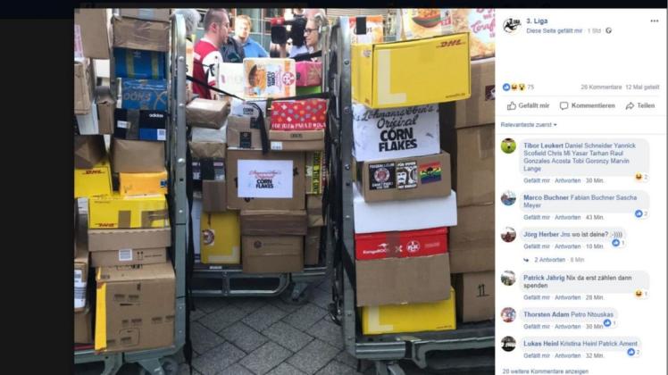 In der DFB-Zentrale stapelten sich die Cornflakes-Packungen und pakete. Foto: 3. Liga/Facebook
