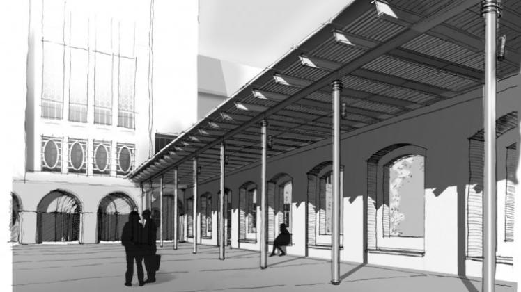 Ein Vorschlag von 2003: keine historische Rekonstruktion, sondern ein moderner Neubau als Begrenzung des Ehrenhofs. Skizze: Casa-Architekten
