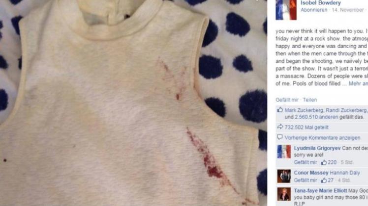 Isobel Bowdery hat das Massaker in der Konzerthalle Bataclan überlebt. Das Foto ihres blutigen T-Shirts geht um die Welt. Screenshot: Facebook/noz.de