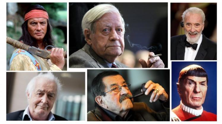 Einige der prominenten Verstorbenen 2015: (von links oben im Uhrzeigersinn) Pierre Brice, Helmut Schmidt, Christopher Lee, Leonard Nimoy, Günter Grass und Henning Mankell. Fotos: dpa